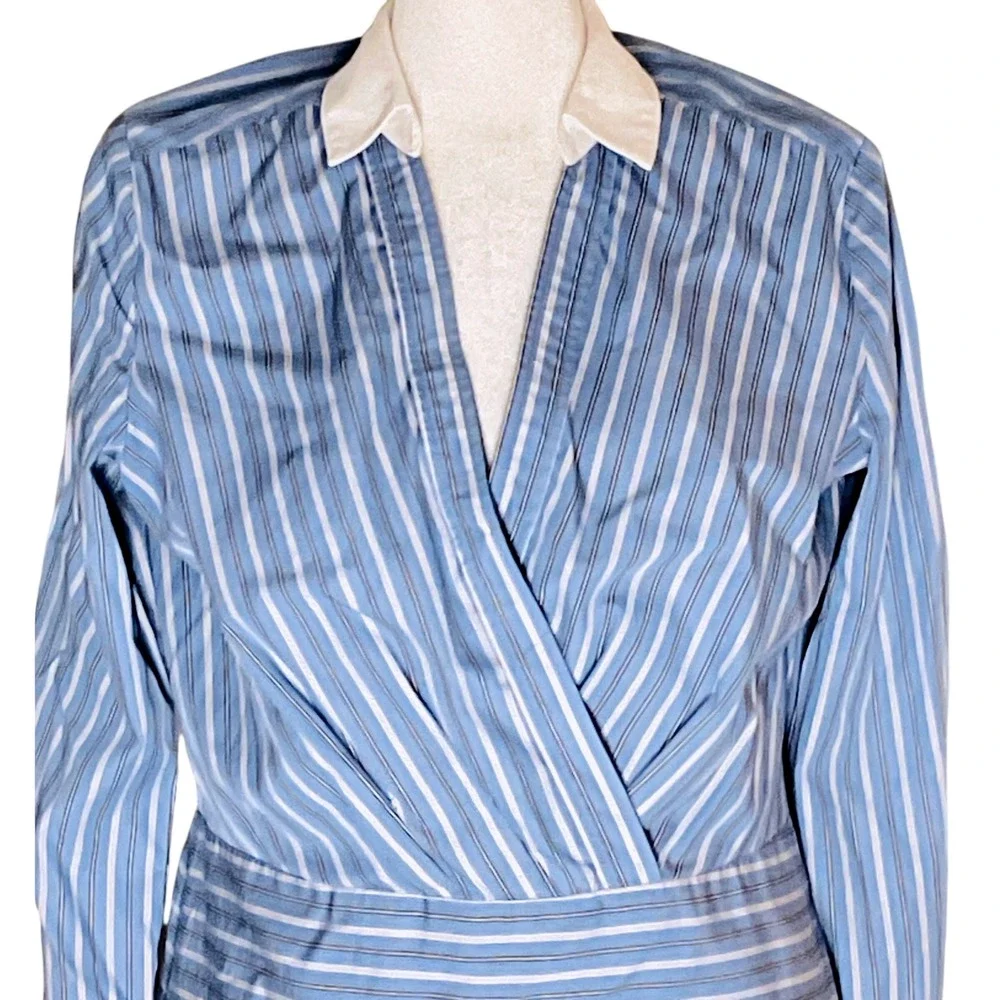 LRL Ralph Lauren black label cotton preppy pinstripe shirt dress blue 6 read